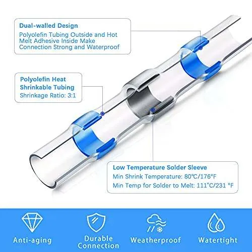 Kuject Lötverbinder, 200 stk Schrumpfschlauch Set, Kabelverbinder Wasserdicht Schrumpfverbinder Quetschverbinder Stoßverbinder für Automobil, Boote