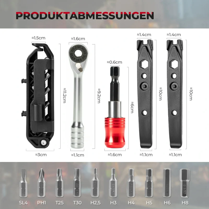 10-in-1 Fahrrad-Multitool mit Ratsche und Reifenhebern