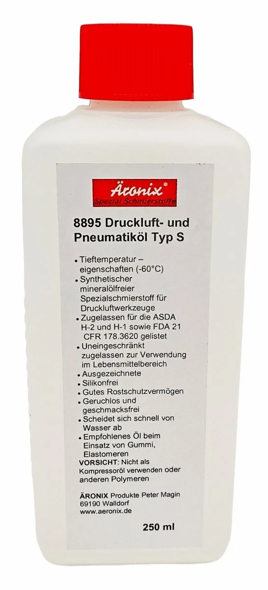 (50€/L) 250ml Äronix ÄROlube 8895 synthetisches Spezial Druckluft Pneumatik Öl synthetisch –69°C, im Lebensmittelbereich anwendbar, zugelassen nach USDA H-2 und H-1, FDA 21 CFR 178.3620 gelistet