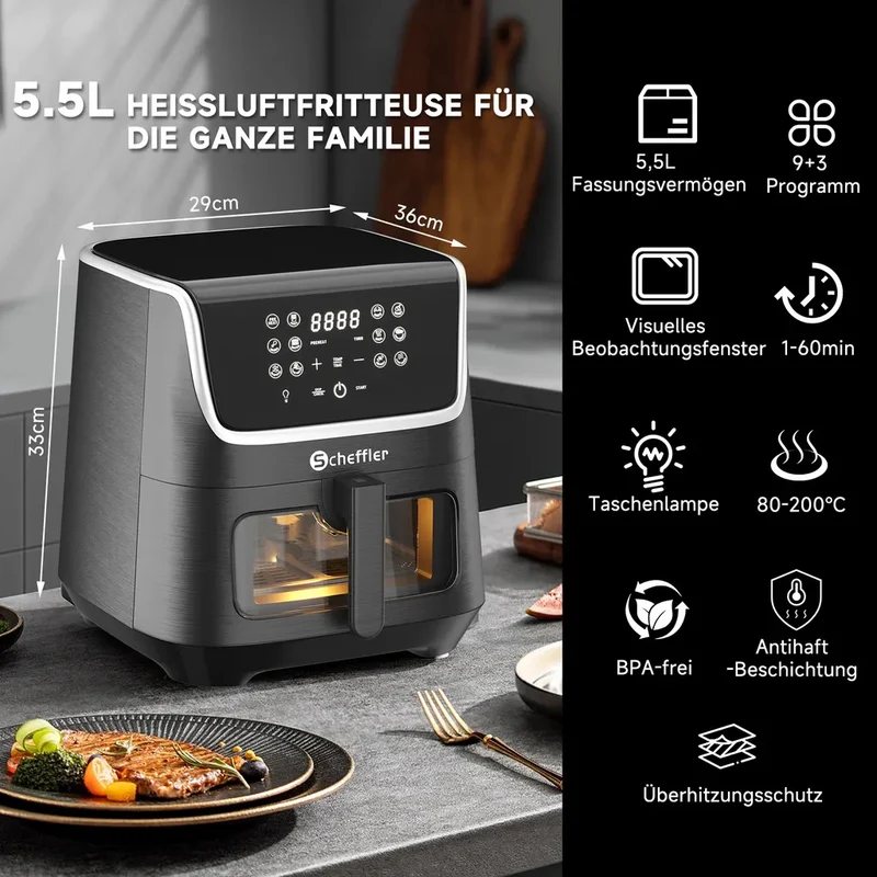 Heißluftfriteuse 5.5L XXL Airfryer Friteuse Fritteusen 1800W