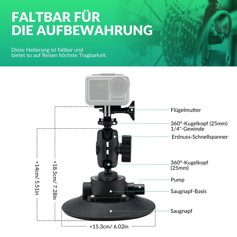 Action-Kamera Saugnapfhalterung Auto Saugnapfhalter mit Pumpe und Magic Arm Autohalterung