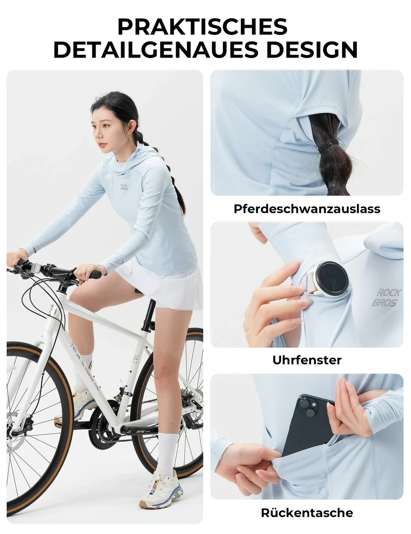Damen Langarm Radtrikot – Antibakteriell, UV-Schutz, Reflektierend mit Zopfauslass & Smartwatch-Fenster