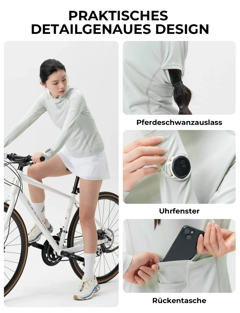 Damen Langarm Radtrikot – Antibakteriell, UV-Schutz, Reflektierend mit Zopfauslass & Smartwatch-Fenster