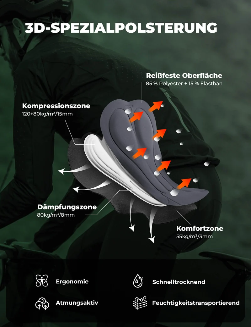 Fahrradhose Lang Gepolstert Nahtlos Schnelltrocknend Herren
