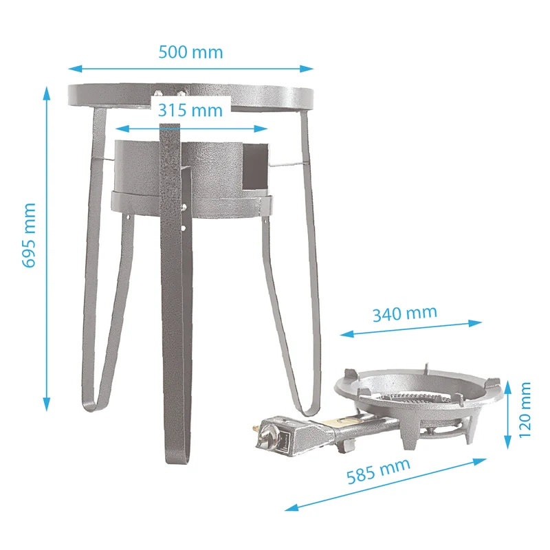 KOCHMANN® K09 Tenniskocher 9.5kW mit Piezozündung und Gestell Set mit 2.0m Schlauch und 50mbar Druckminderer