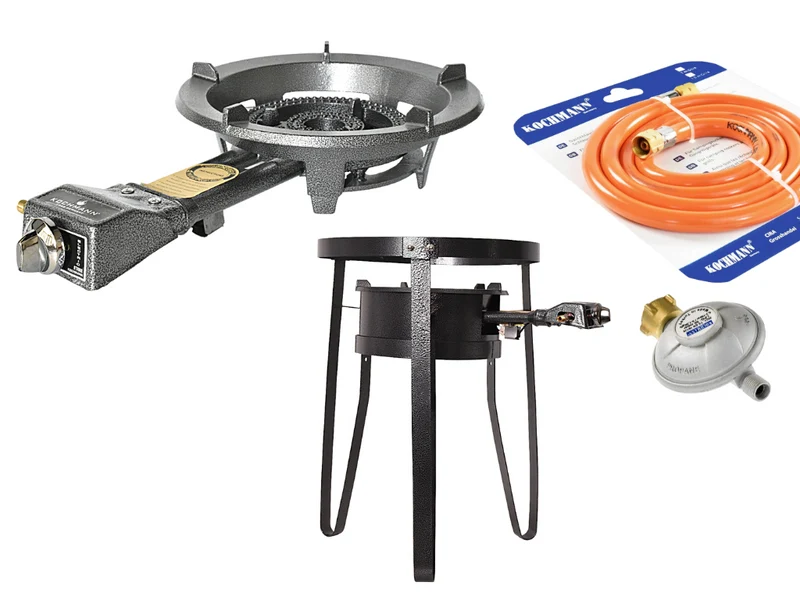 KOCHMANN® K09 Tenniskocher 9.5kW mit Piezozündung und Gestell Set mit 2.0m Schlauch und 50mbar Druckminderer