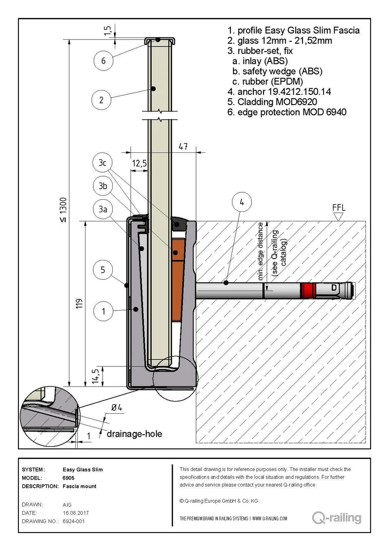 Bodenprofil, Easy Glass Slim, Seitenmontage, MOD 8030, Aluminium gebürstet, 5m, vorgebohrt