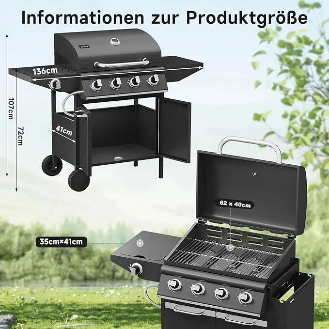 Gasgrill 15KW Brenner BBQ Grillwagen mit Seitenkocher mit Zubehör
