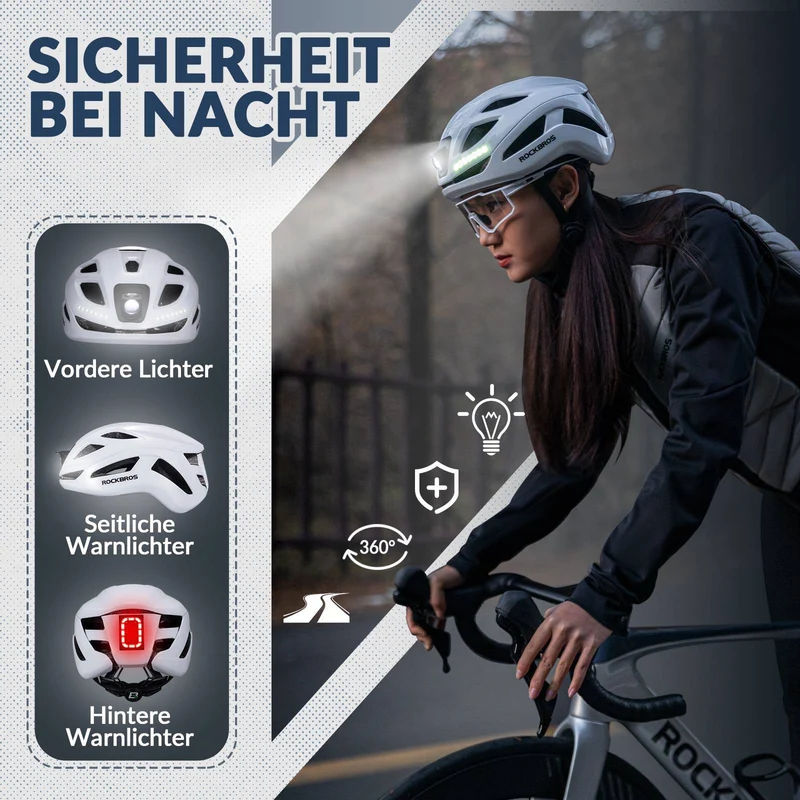 ROCKBROS Fahrradhelm mit Licht, mit USB 1800 mAh Atmungsaktiv 58-60 cm