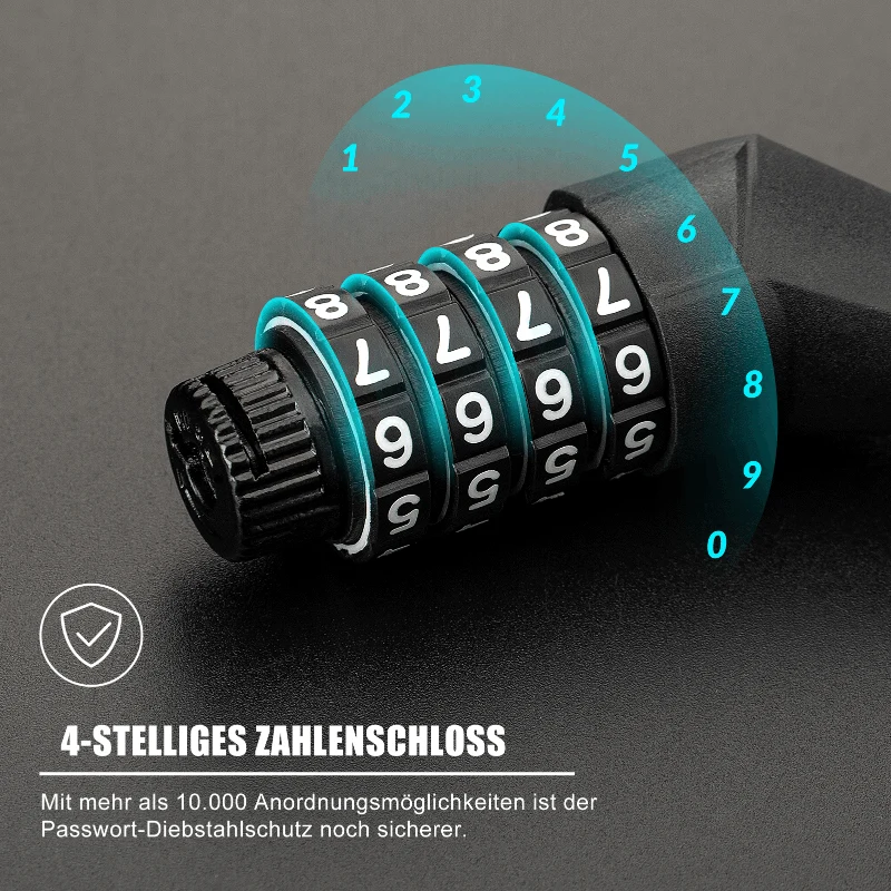 ROCKBROS Fahrradschloss Zahlenschloss Helmschloss mit 4-stellig Code max. 150 cm