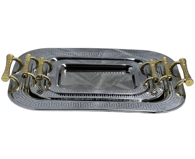 Serviertablett mit Griffen Rechteckig Edelstahl Serviertablettset Teetablett Orientalisch Dekoratives Tablett 3 tlg