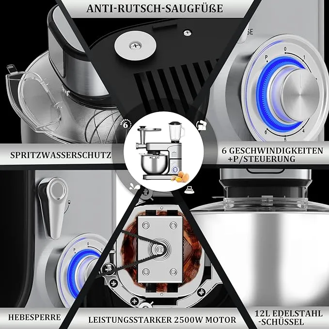 Homelux Küchenmaschine Teigmaschine Knetmaschine Multifunktional 2500W 12 L