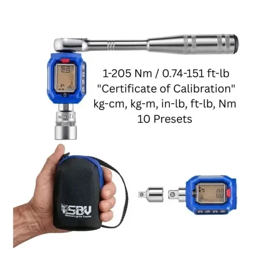 SBV Tools Digital Motorcycle Torque Wrench 3/8 with 1/4 Adapter 1Nm To 205Nm